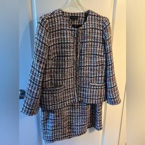 Talbots suit in black, pink, with metallic detail. Skirt 16 W. Jacket 18 M.